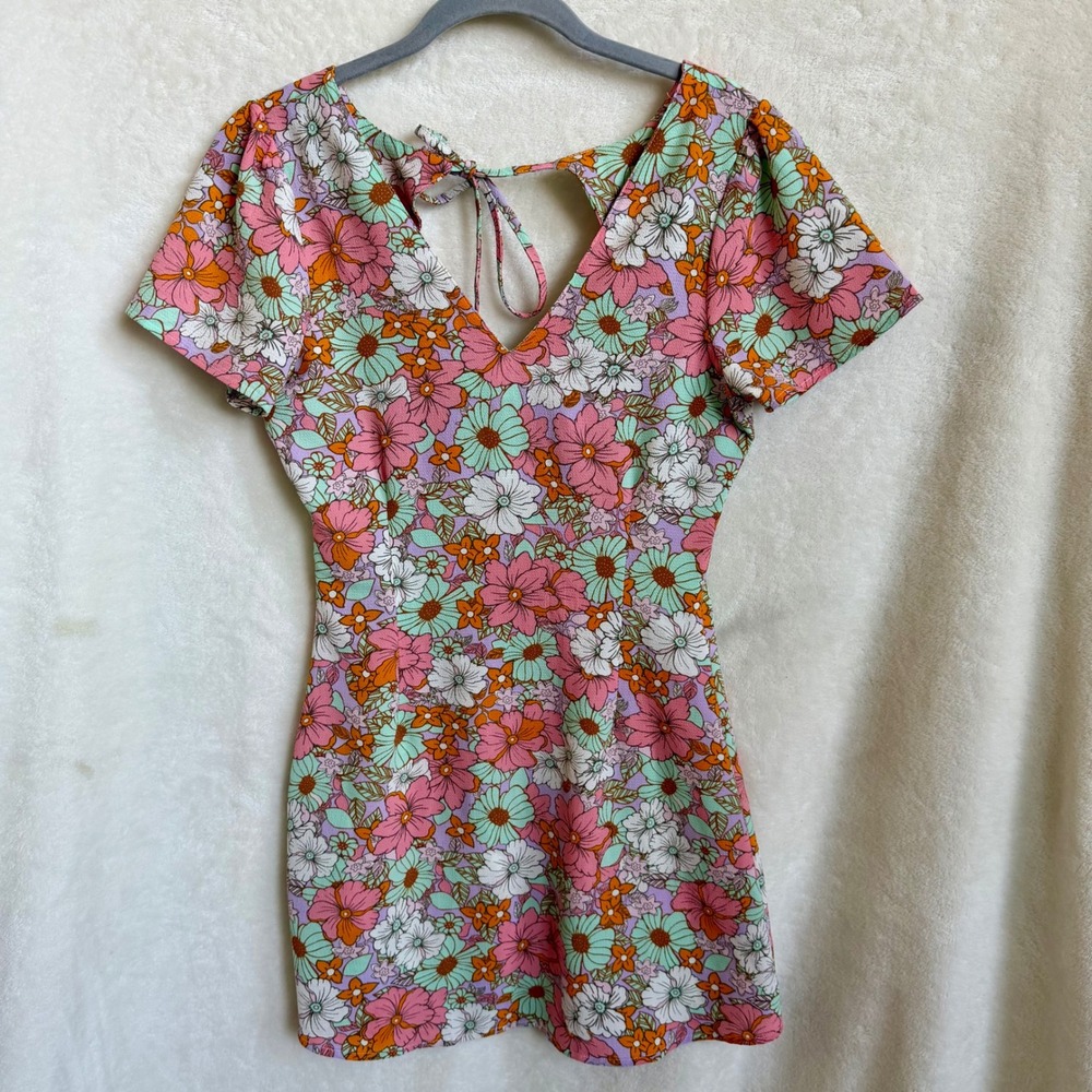 Vero Moda VMSAGA Retro Floral V-Neck Smocked Tie-Back Mini Dress Sz XS